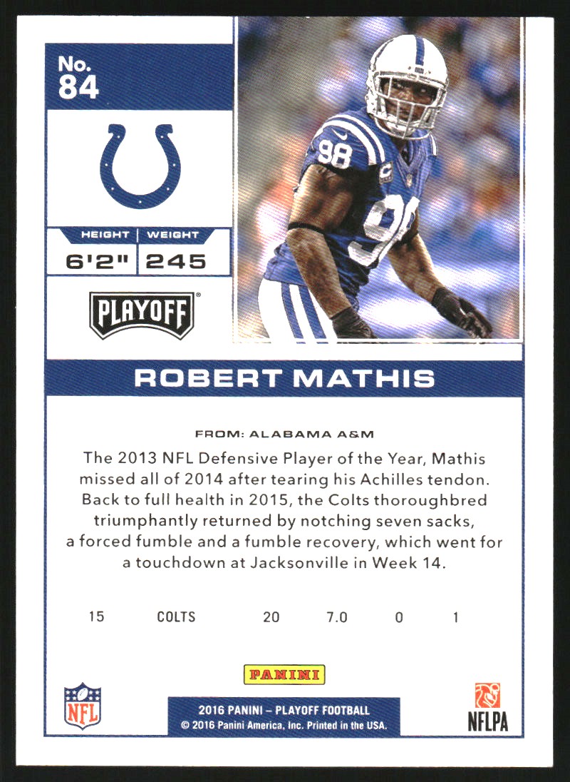 2016 Playoff Kickoff #84 Robert Mathis back image