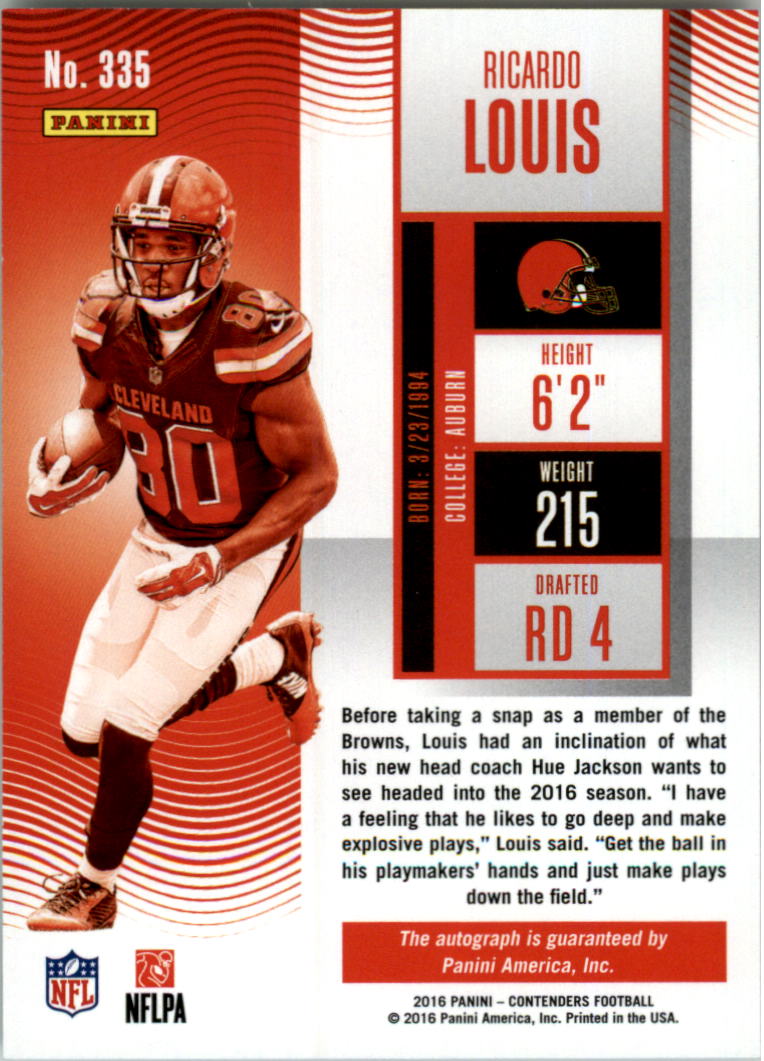2016 Playoff Contenders Preview Autographs #335 Ricardo Louis back image