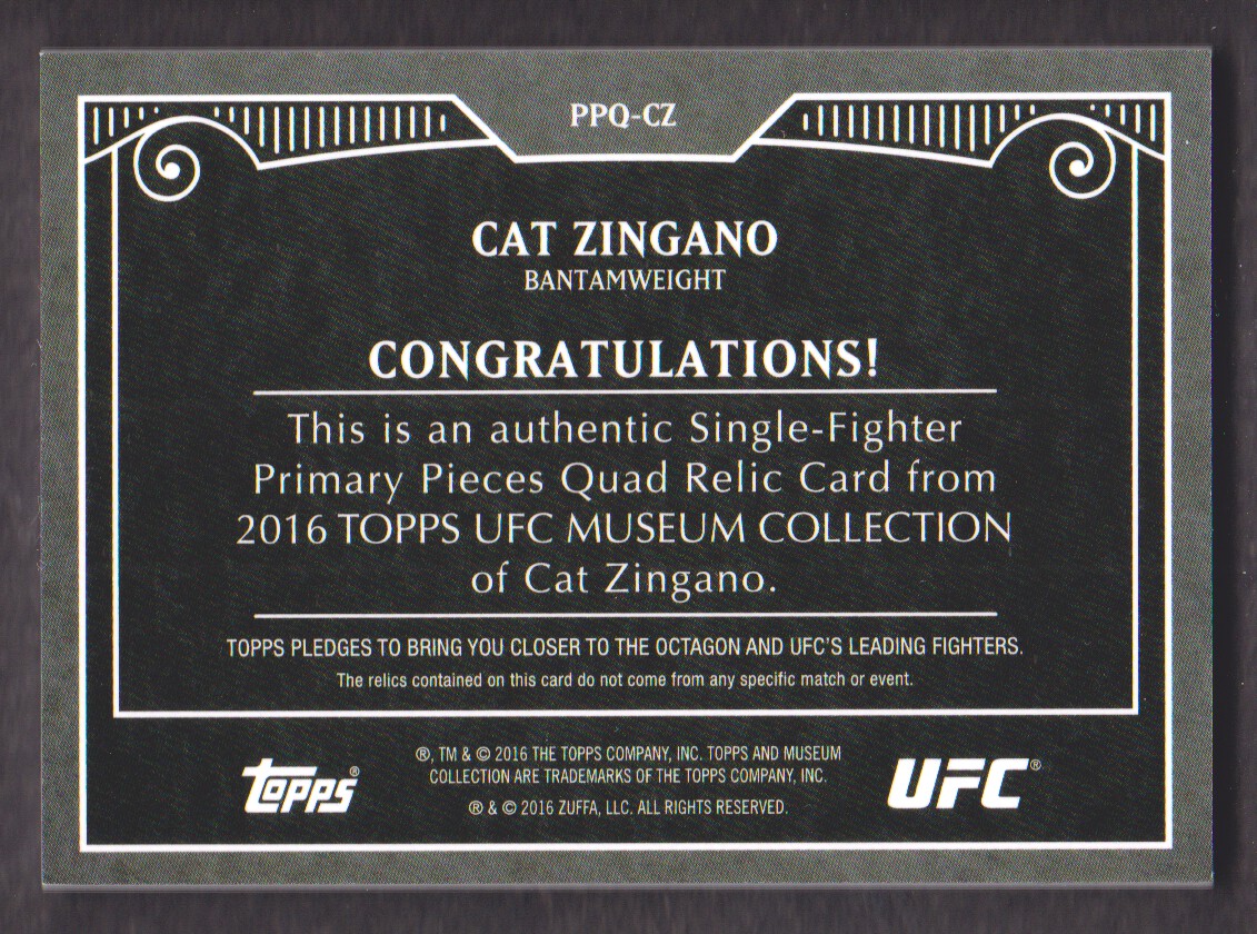 2016 Topps UFC Museum Collection Single-Fighter Primary Pieces Quad Relics #PPQCZ Cat Zingano back image