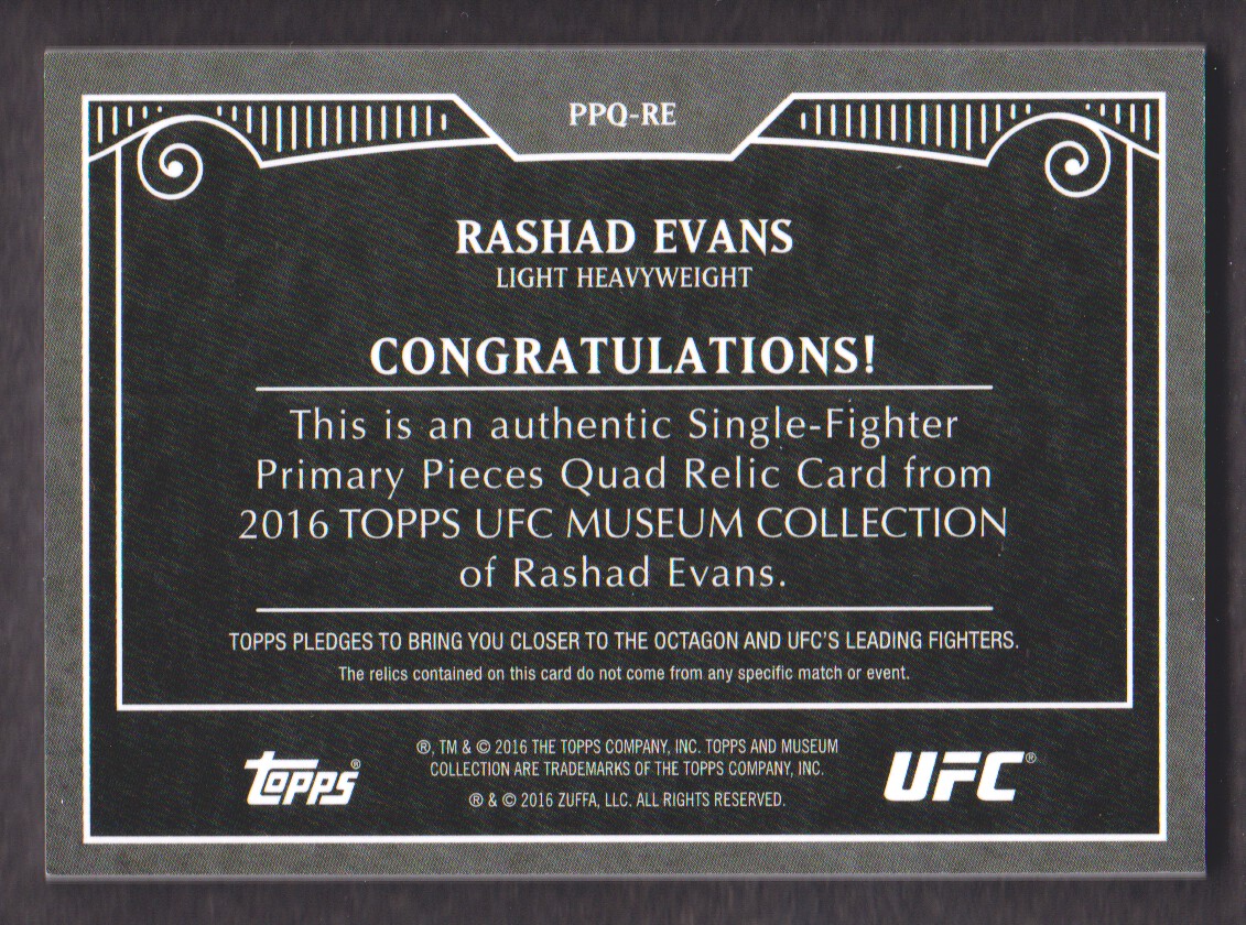 2016 Topps UFC Museum Collection Single-Fighter Primary Pieces Quad Relics #PPQRE Rashad Evans back image