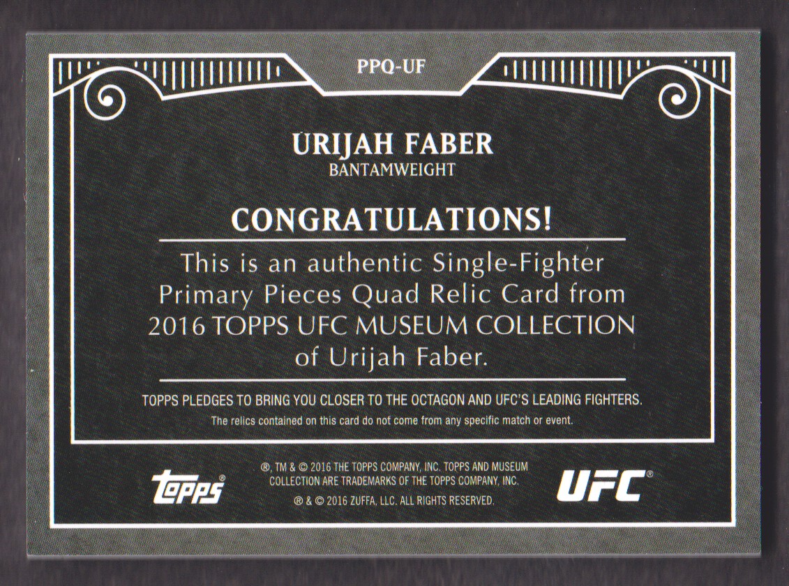 2016 Topps UFC Museum Collection Single-Fighter Primary Pieces Quad Relics #PPQUF Urijah Faber back image
