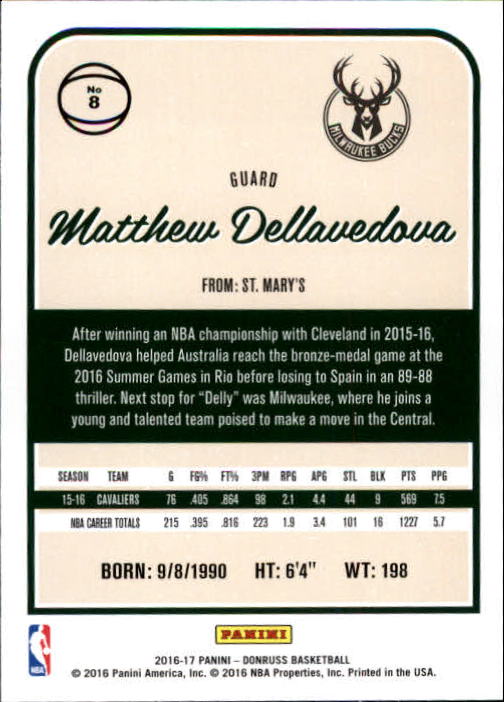 2016-17 Donruss #8 Matthew Dellavedova back image