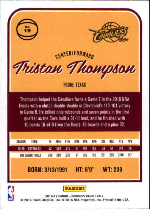 2016-17 Donruss #19 Tristan Thompson back image