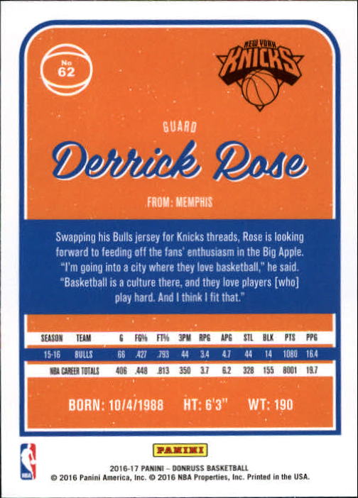 2016-17 Donruss #62 Derrick Rose back image