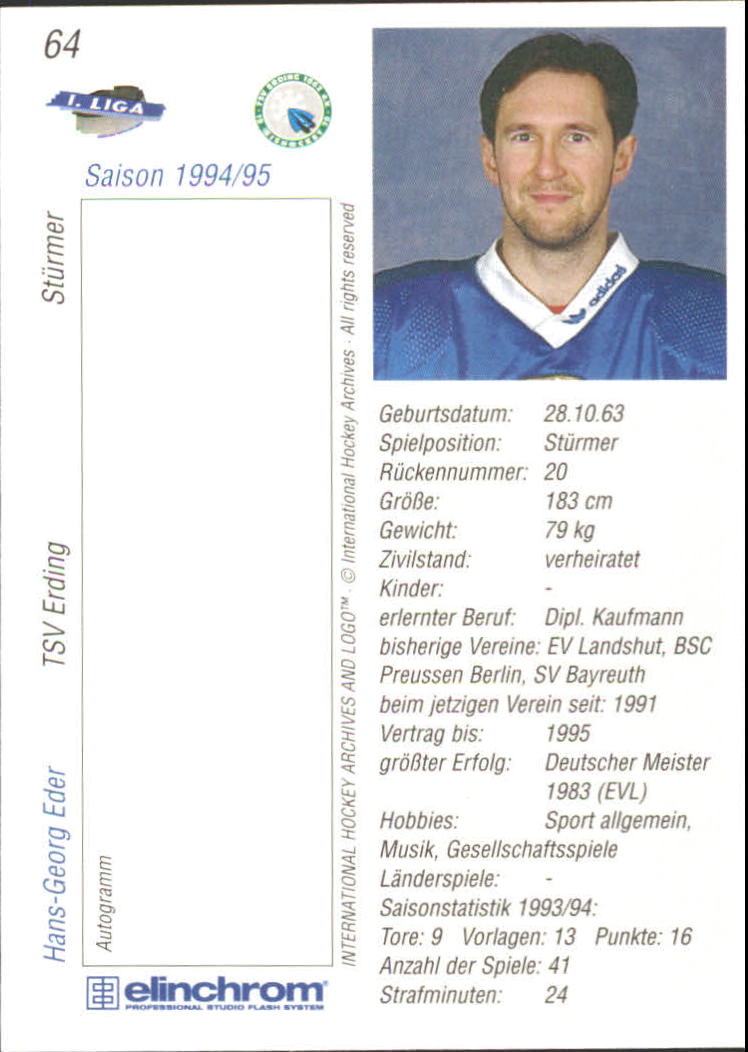 1994-95 German First League #64 Hans-Georg Eder back image