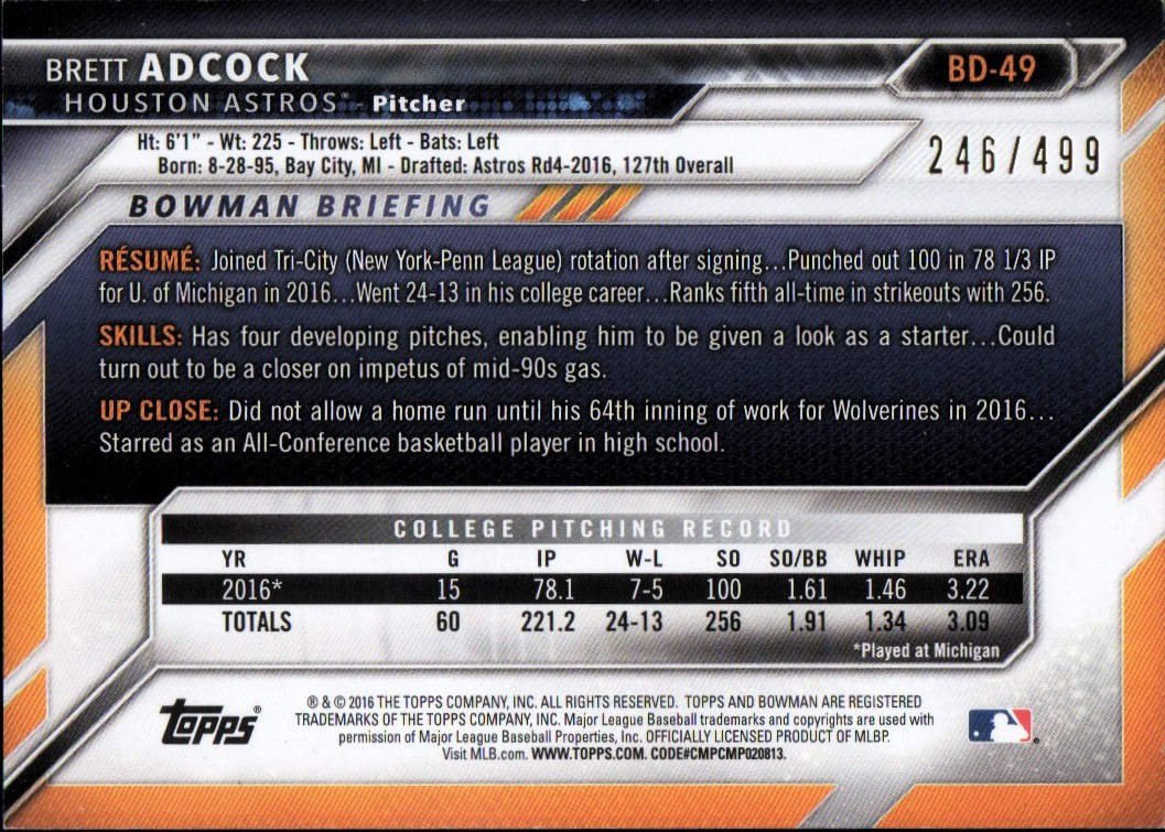 2016 Bowman Draft Silver #BD49 Brett Adcock back image