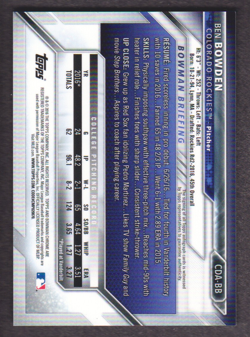 2016 Bowman Chrome Draft Draft Pick Autographs #CDABB Ben Bowden back image