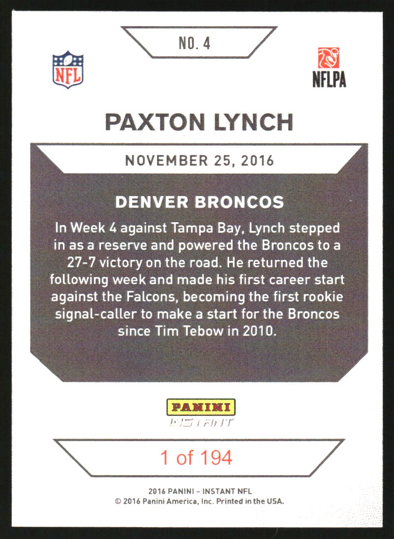 2016 Panini Instant Black Friday Rookies #4 Paxton Lynch back image