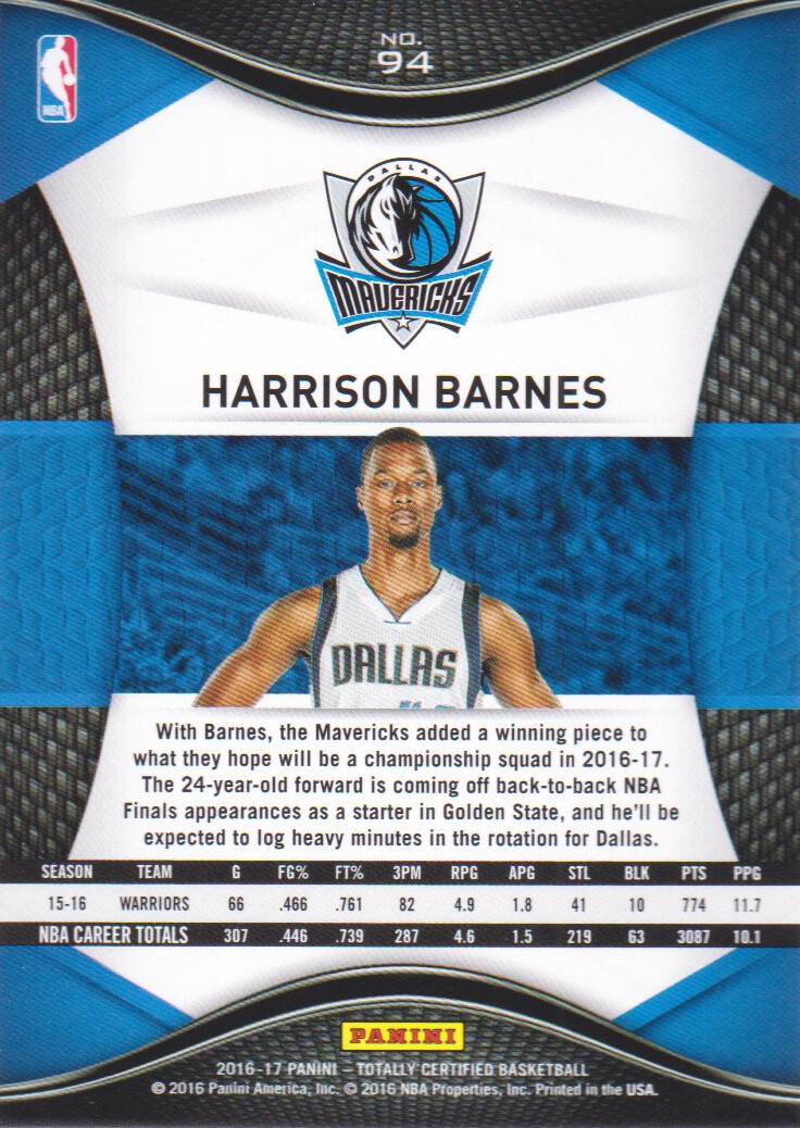 2016-17 Totally Certified #94 Harrison Barnes back image