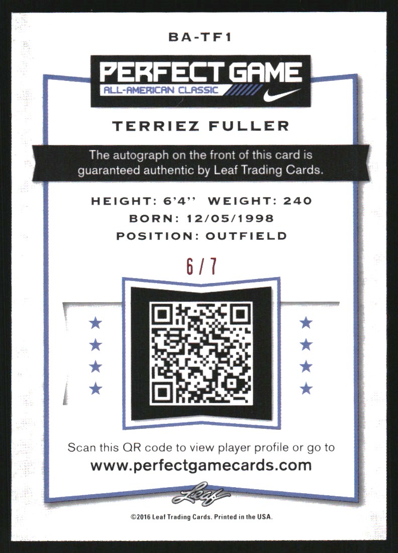 2016 Leaf Metal Perfect Game All-American Star Etched Pink #BATF1 Terriez Fuller back image