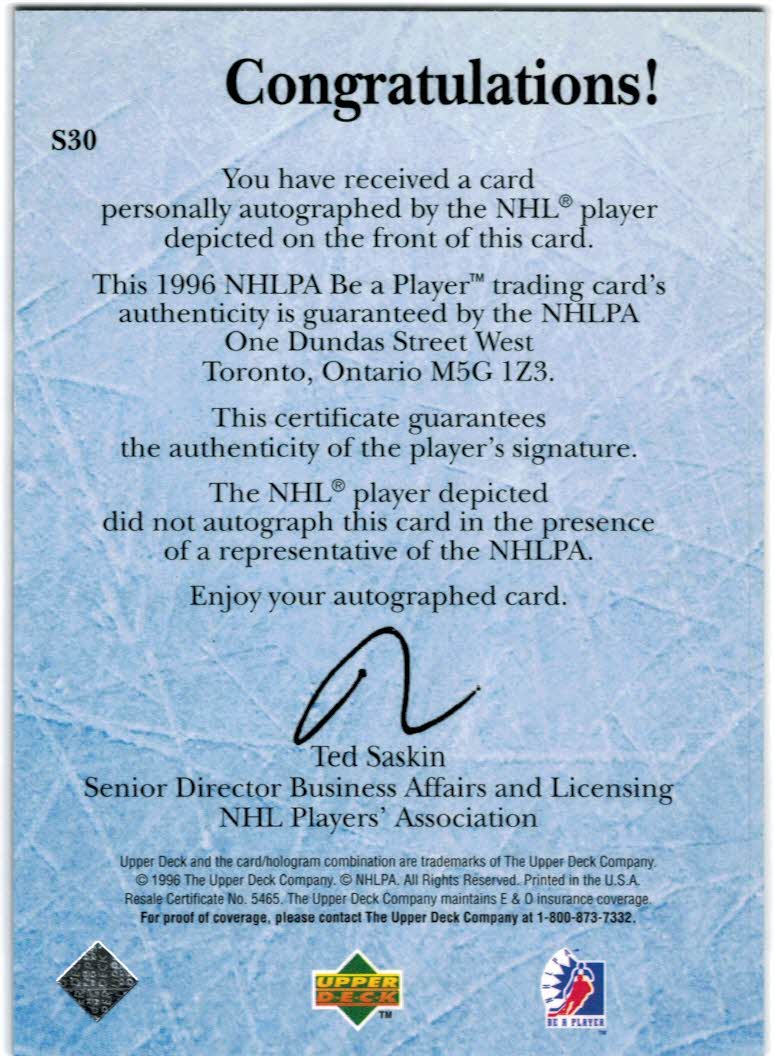 1995-96 Be A Player Autographs #S30 Andrew Cassels back image