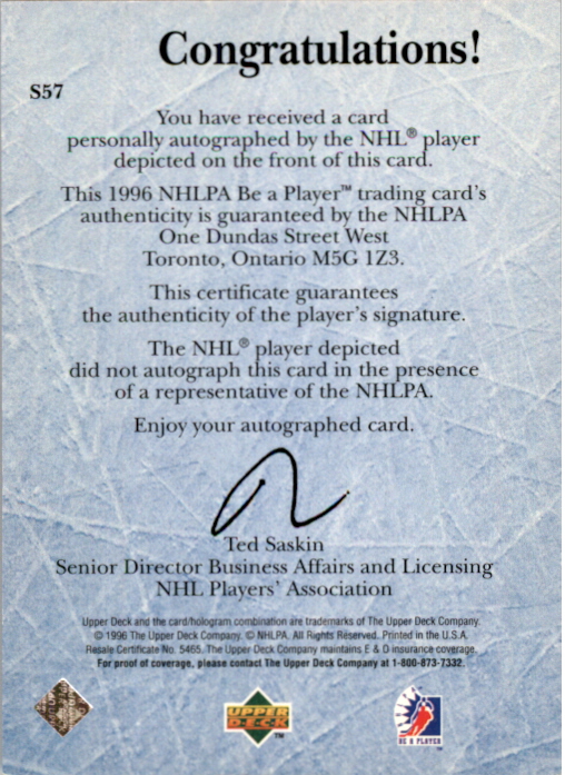 1995-96 Be A Player Autographs #S57 Garth Snow back image