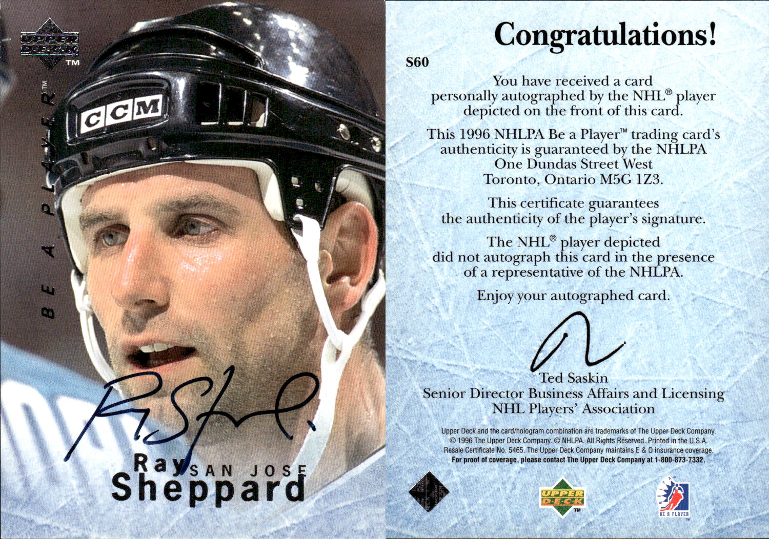 1995-96 Be A Player Autographs #S60 Ray Sheppard