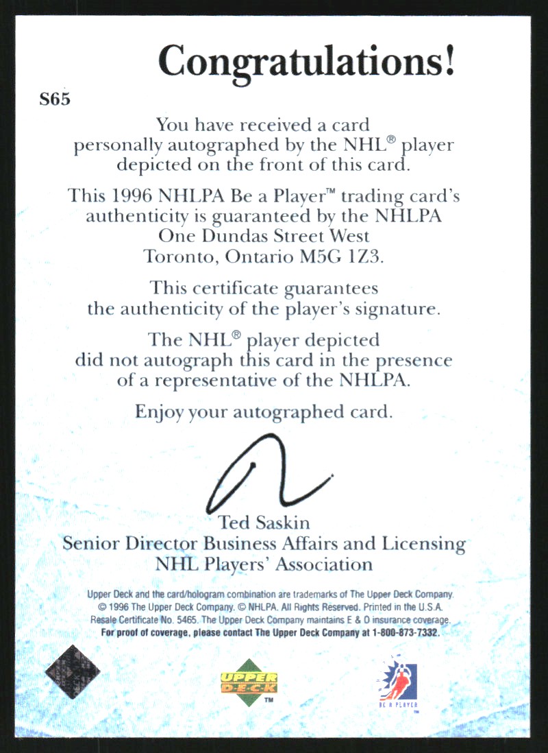 1995-96 Be A Player Autographs #S65 Russ Courtnall back image