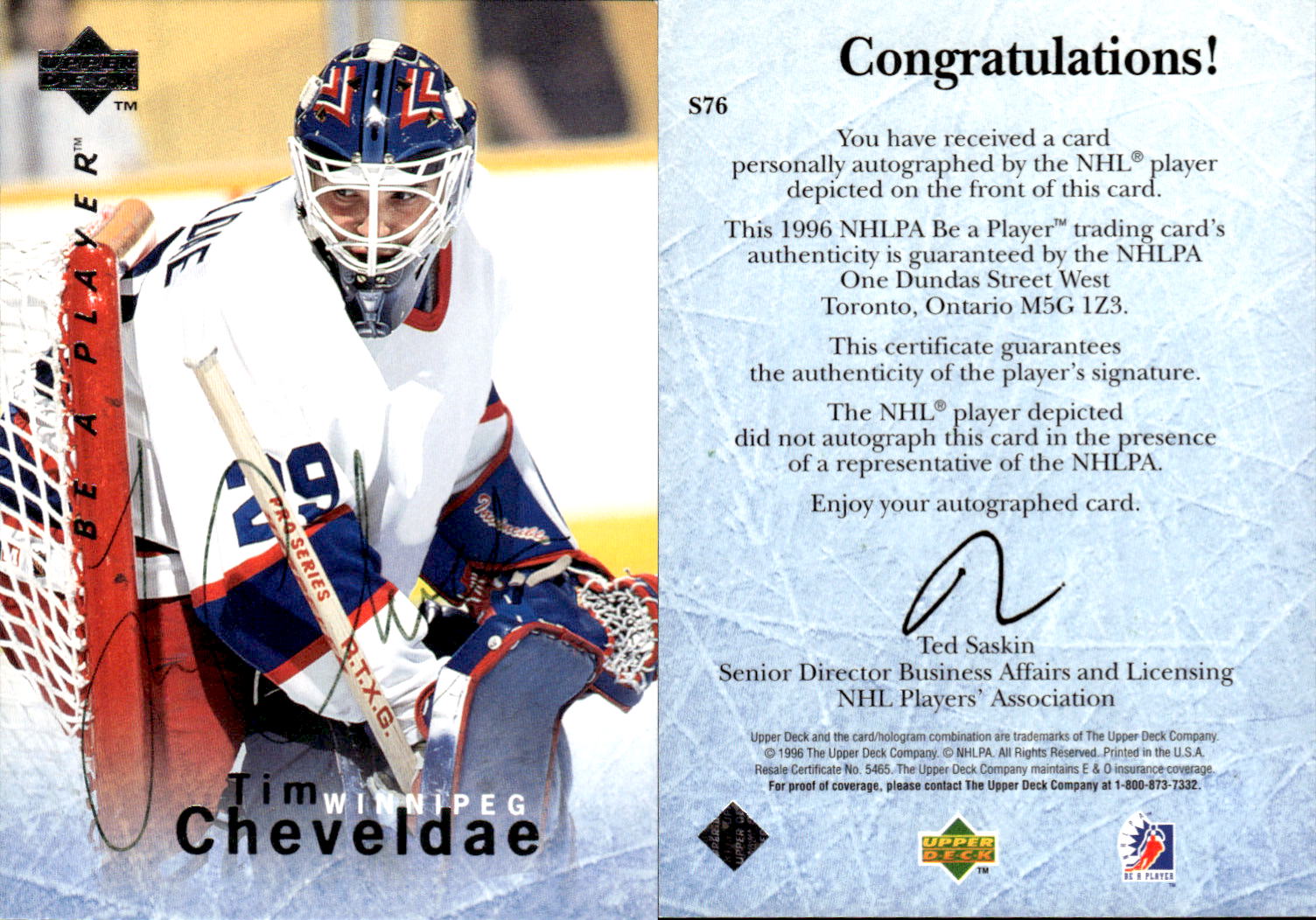 1995-96 Be A Player Autographs #S76 Tim Cheveldae