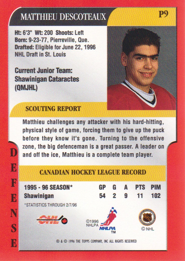1995-96 Bowman Draft Prospects #P9 Matthieu Descoteaux back image