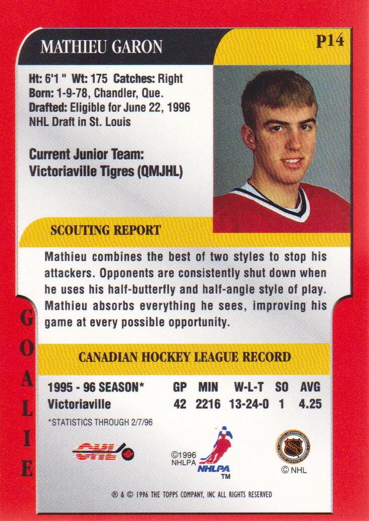 1995-96 Bowman Draft Prospects #P14 Mathieu Garon back image
