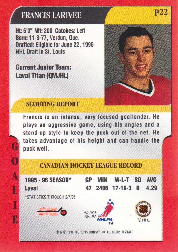 1995-96 Bowman Draft Prospects #P22 Francis Larivee back image