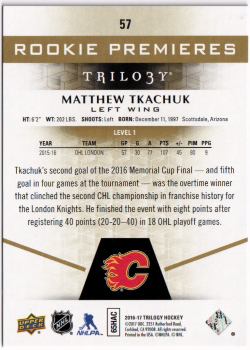 2016-17 Upper Deck Trilogy #57 Matthew Tkachuk RC back image