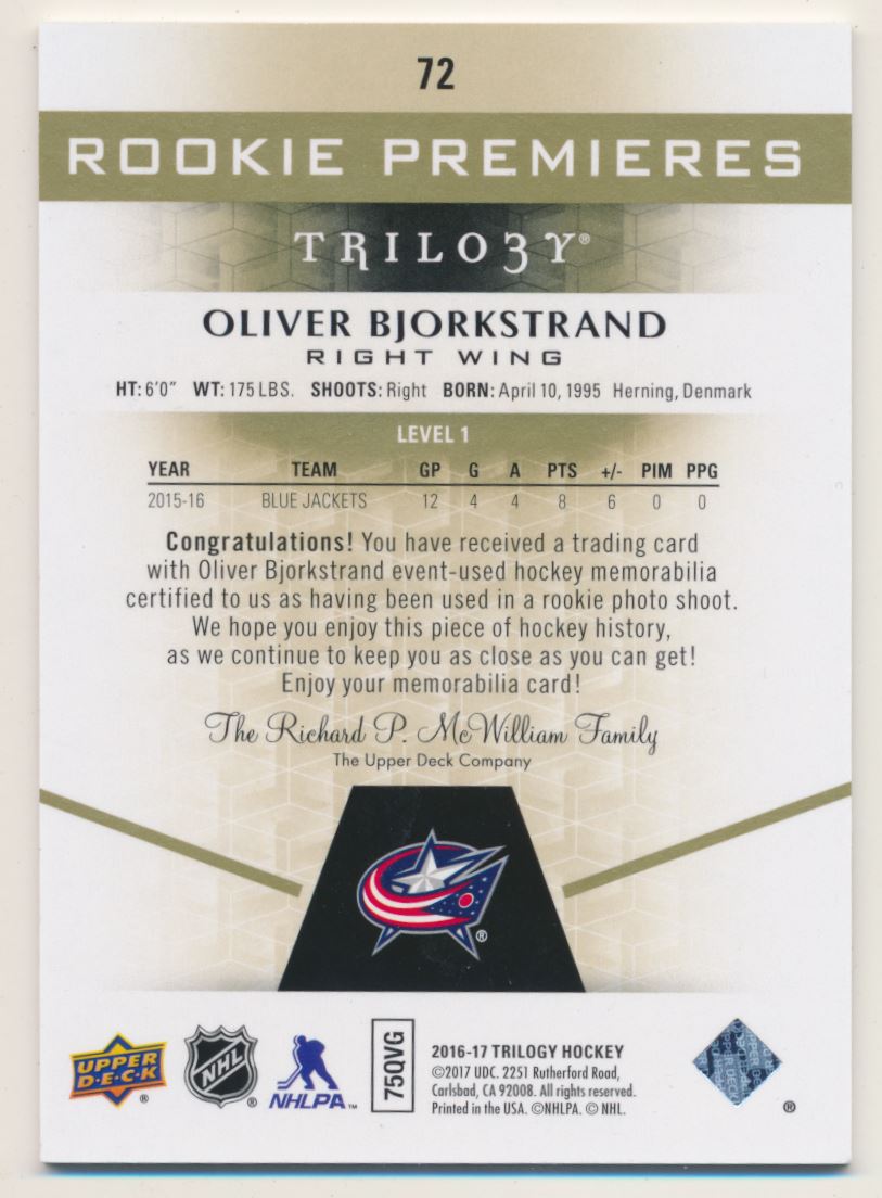 2016-17 Upper Deck Trilogy Rainbow Green #72 Oliver Bjorkstrand JSY