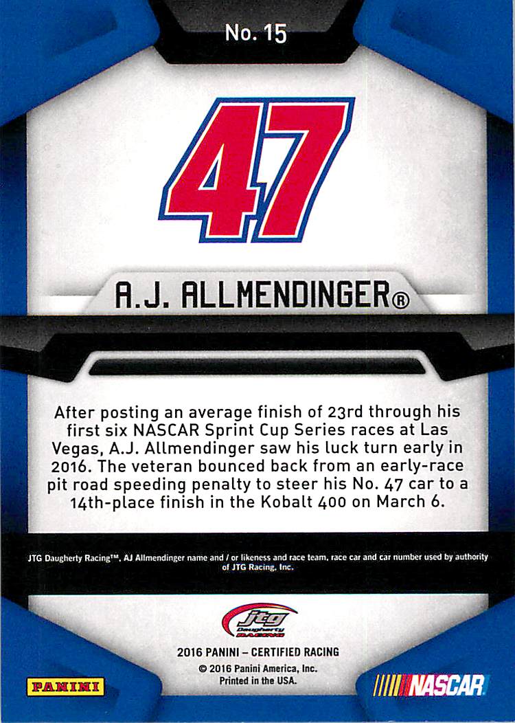 2016 Certified #15 A.J. Allmendinger back image