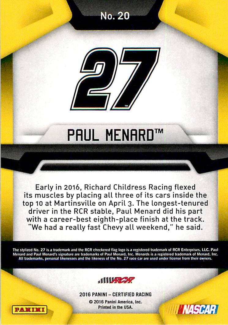 2016 Certified #20 Paul Menard back image