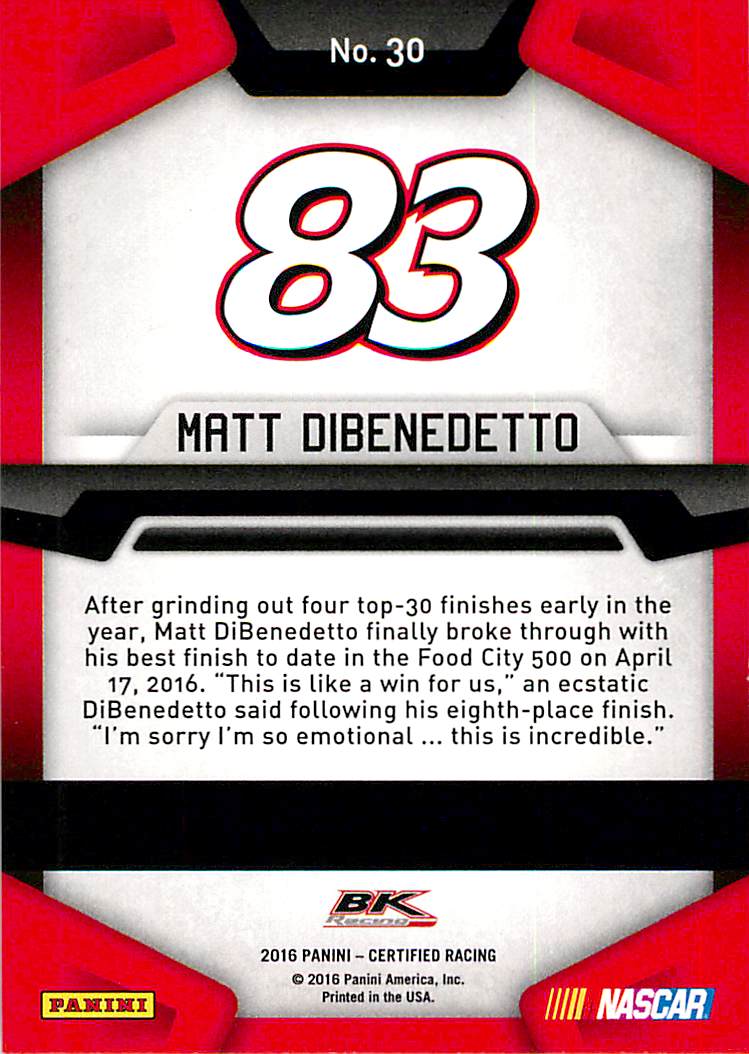 2016 Certified #30 Matt DiBenedetto back image