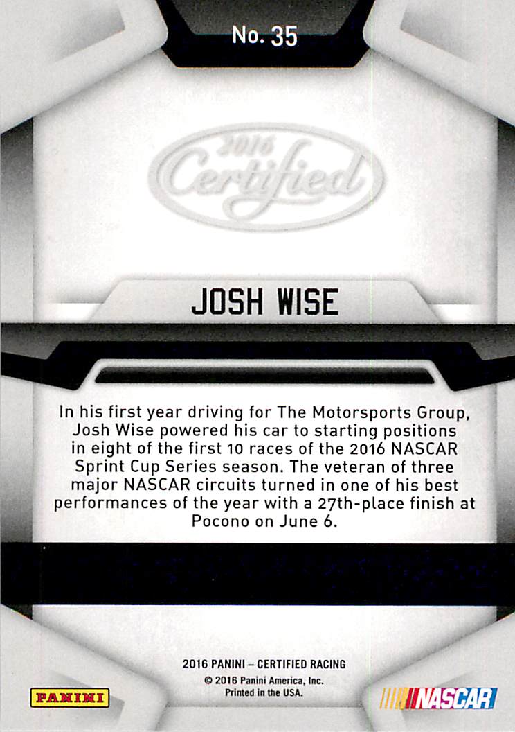 2016 Certified #35 Josh Wise back image