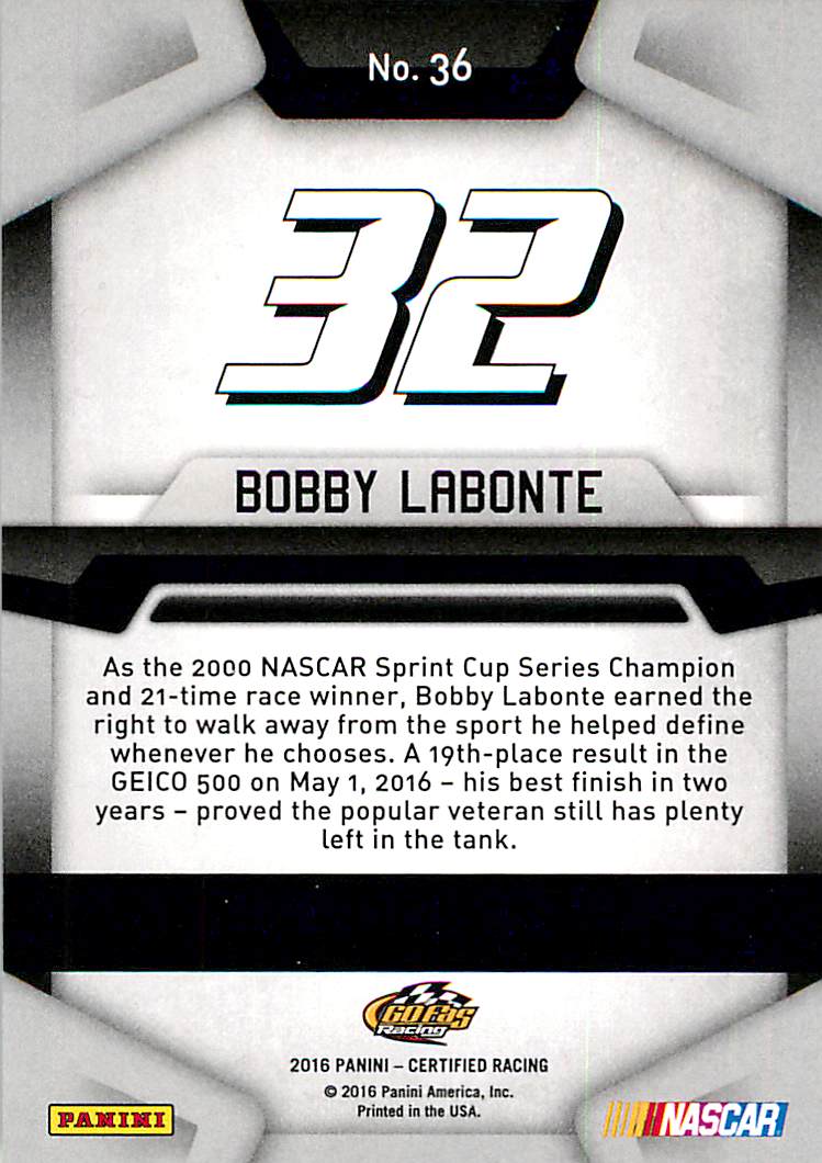 2016 Certified #36 Bobby Labonte back image