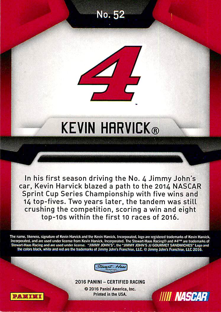 2016 Certified #52 Kevin Harvick back image