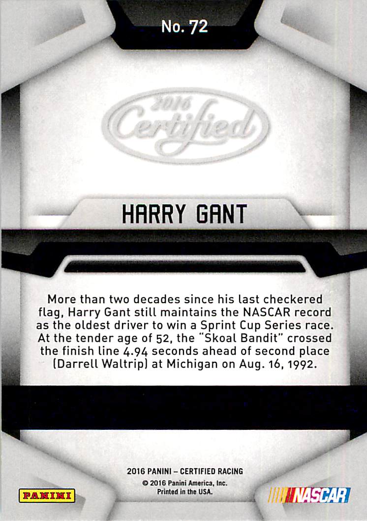 2016 Certified #72 Harry Gant back image