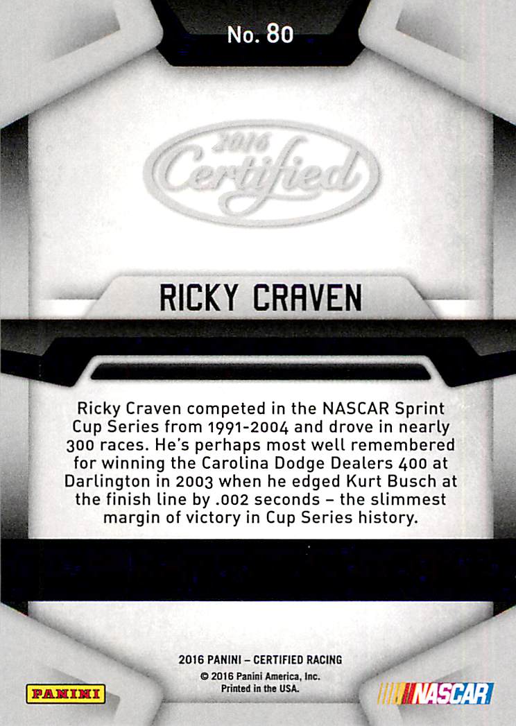 2016 Certified #80 Ricky Craven back image