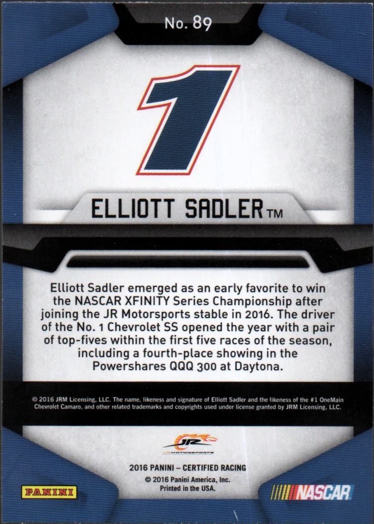 2016 Certified #89 Elliott Sadler back image