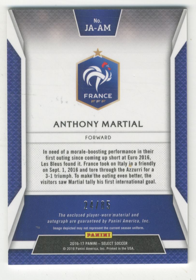 2016-17 Select Jersey Autographs #20 Anthony Martial/85 back image