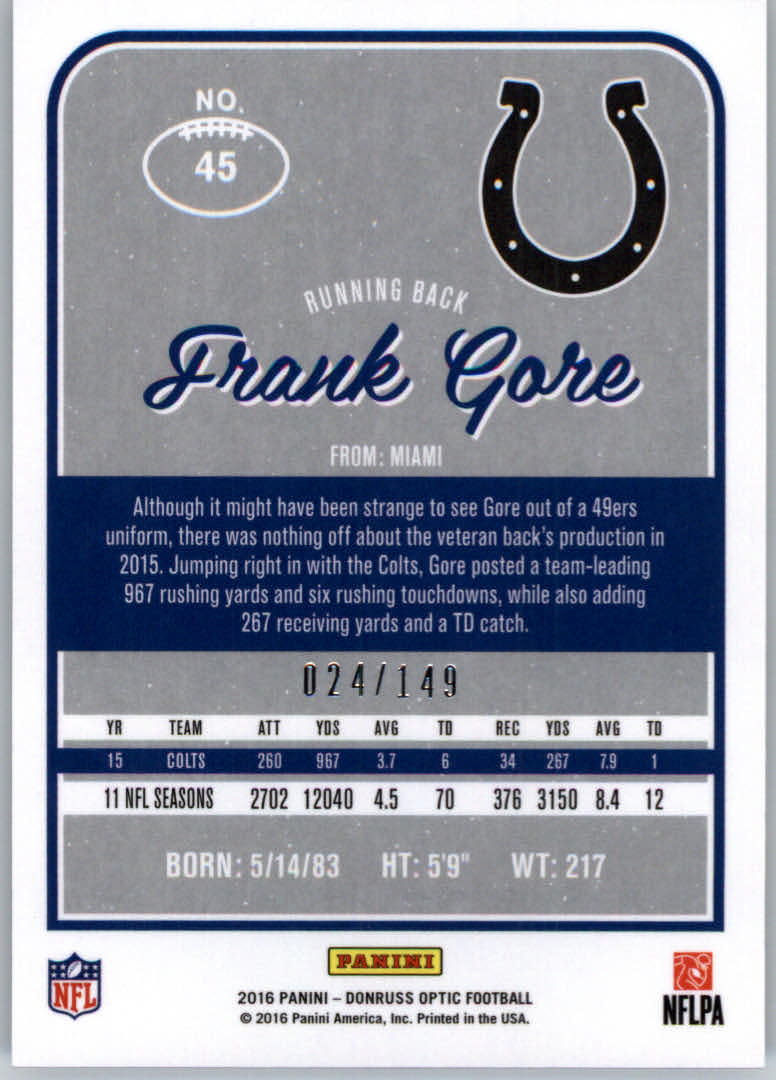 2016 Donruss Optic Blue #45 Frank Gore back image