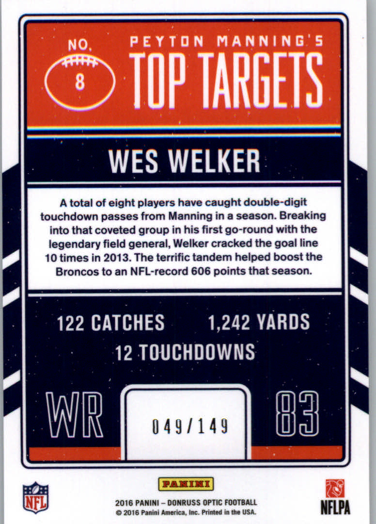 2016 Donruss Optic Peyton Manning Top Targets Blue #8 Wes Welker/Peyton Manning back image