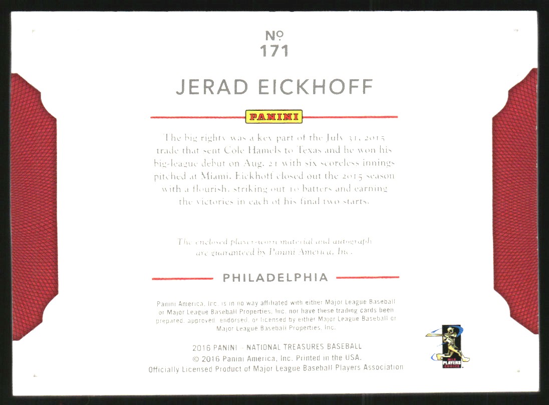 2016 Panini National Treasures Rookie Material Signatures Purple #171 Jerad Eickhoff/49