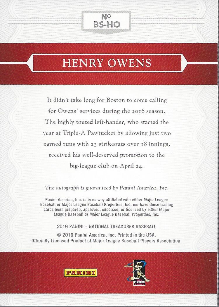 2016 Panini National Treasures Baseball Signatures #12 Henry Owens/99 back image