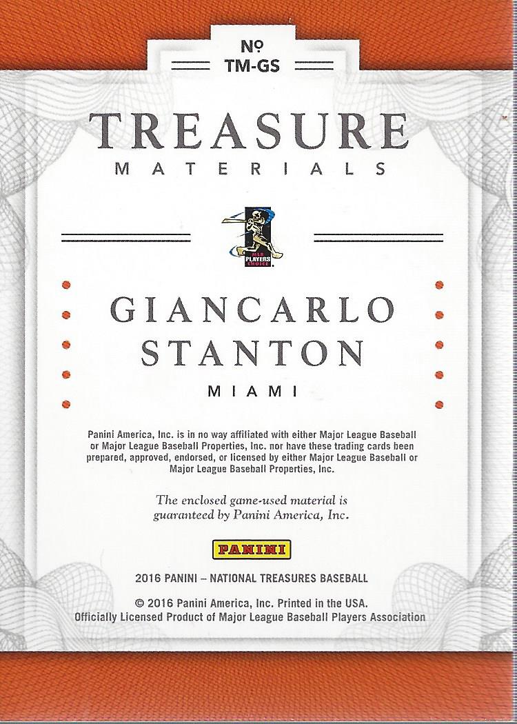 2016 Panini National Treasures Treasure Materials #TMGS Giancarlo Stanton/49 back image