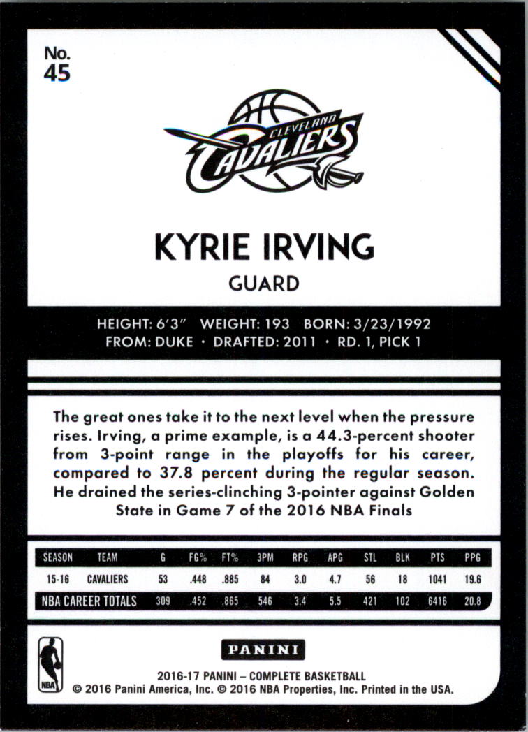 2016-17 Panini Complete Silver #45 Kyrie Irving back image