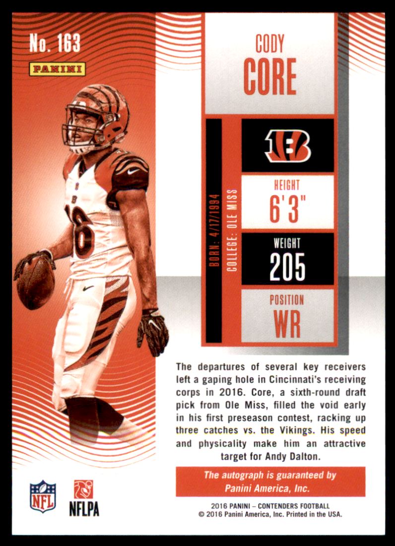 2016 Panini Contenders Playoff Ticket #163 Cody Core AU/199 back image