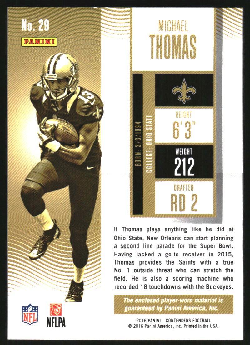 2016 Panini Contenders Rookie Ticket Swatches #29 Michael Thomas