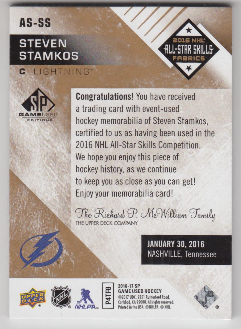 2016-17 SP Game Used All Star Skills Fabrics Patch #ASSS Steven Stamkos back image