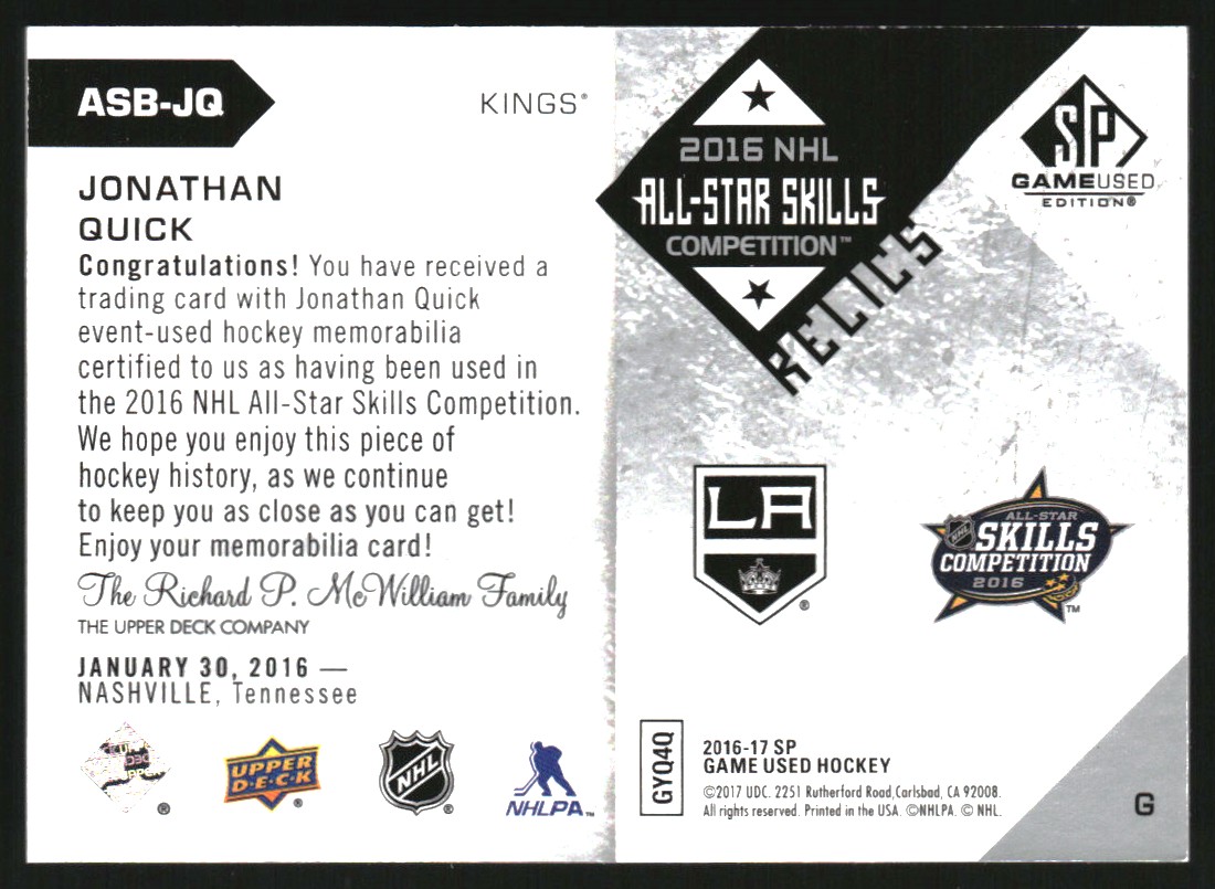 2016-17 SP Game Used All Star Skills Relic Blends #ASBJQ Jonathan Quick