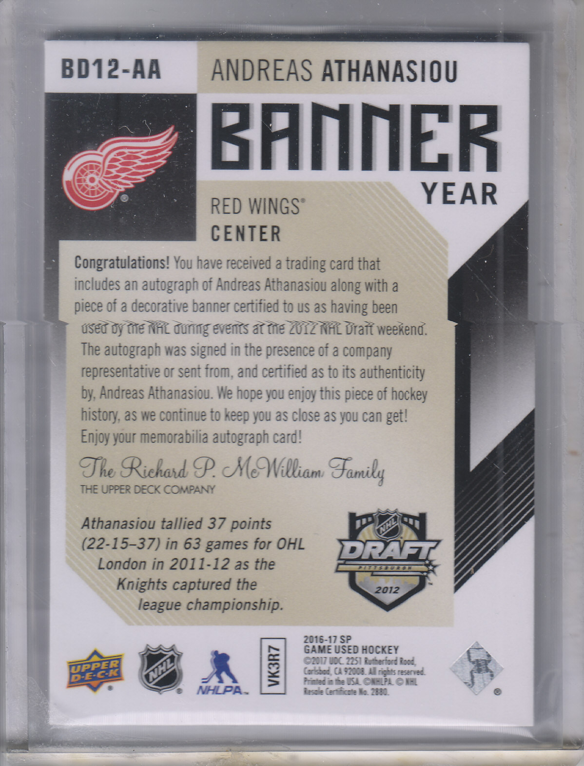 2016-17 SP Game Used Banner Year Draft '12 Autographs #BD12AA Andreas Athanasiou C back image