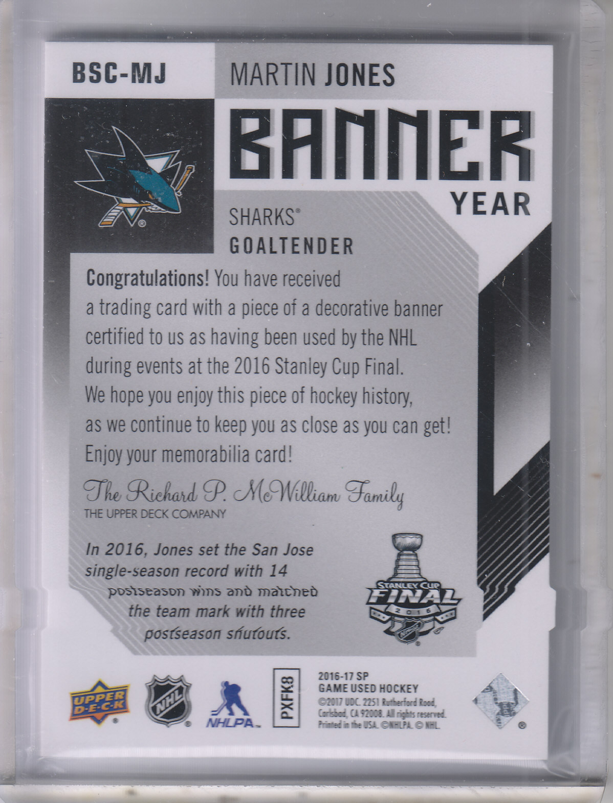 2016-17 SP Game Used Banner Year Stanley Cup Finals #BSCMJ Martin Jones back image