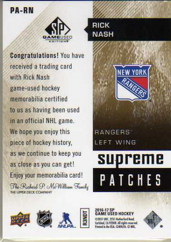 2016-17 SP Game Used Supreme Patches #PARN Rick Nash back image