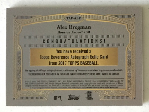 2017 Topps Reverence Patch Autographs #TAPABR Alex Bregman back image