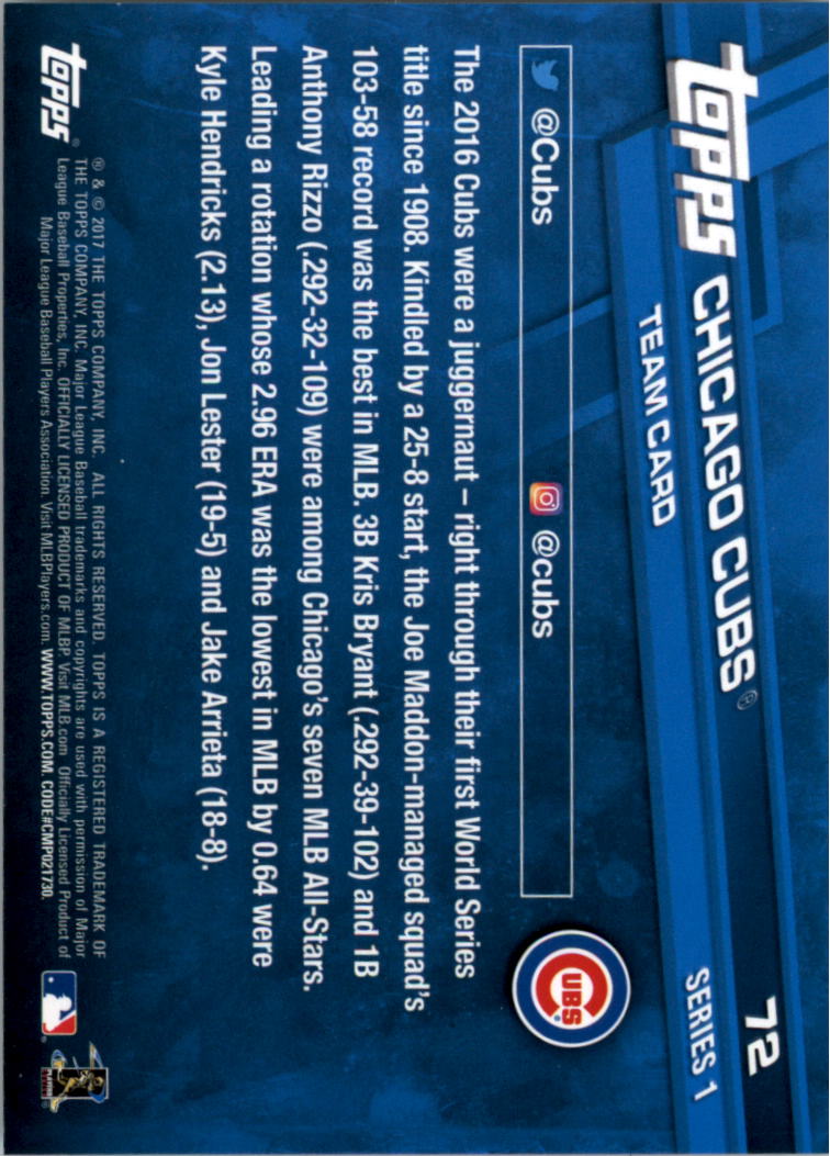 2017 Topps #72 Chicago Cubs back image
