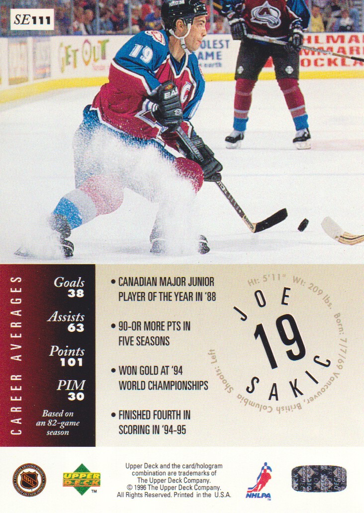 1995-96 Upper Deck Special Edition Gold #SE111 Joe Sakic back image